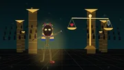 Anubis, OG Bobby Johnson's god form, a Doberman in a gold and lapis headcloth with glowing gold eyes, in a hall of gold columns with the scale of Ma'at behind him, the heart weighed against the feather.