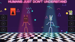 OG Bobby Johnson the Doberman and Plan 9 the bunny dance the running man on a 90s stage with Memphis-pattern walls, pink and teal spotlights and a checkerboard floor.