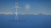 A frame from IMPERMANENCE, Song 21 of Out of Your Mind: a stick-figure bunny floating arms wide in a deep blue flooded river under a pale sun, the stone it stood on sunk below the surface, a Napkin Films production
