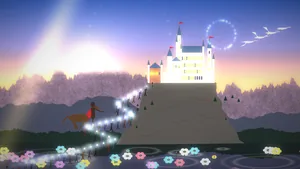 Sunrise over a fairy-tale castle on a hill. A man in a red cloak walks on foot leading his horse, pilgrims carry lanterns up the winding road, swans cross the sky and flowers open on the lake.