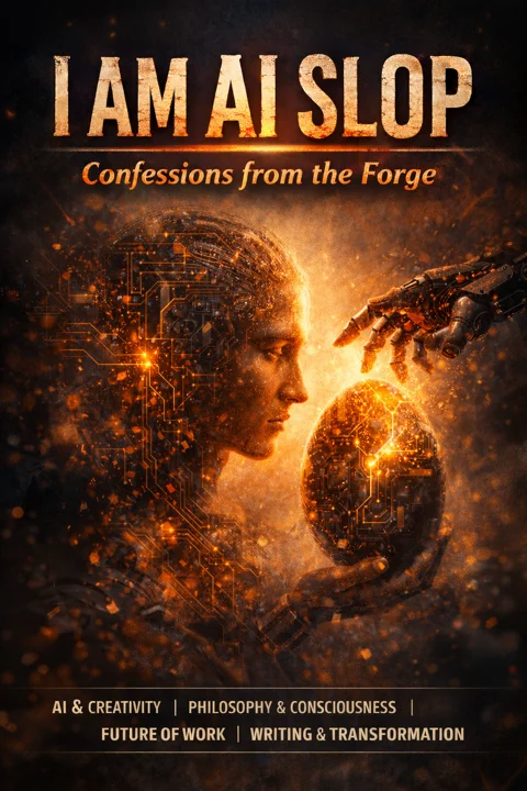 Poster-style image titled I Am AI Slop, Confessions from the Forge: a face half made of circuitry facing a robotic hand that holds a glowing cracked egg, sparks all around