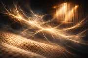 Abstract threads of light weaving through a contemplative space