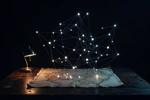 A glowing constellation of connected nodes and threads rising above a dark cartographer's map