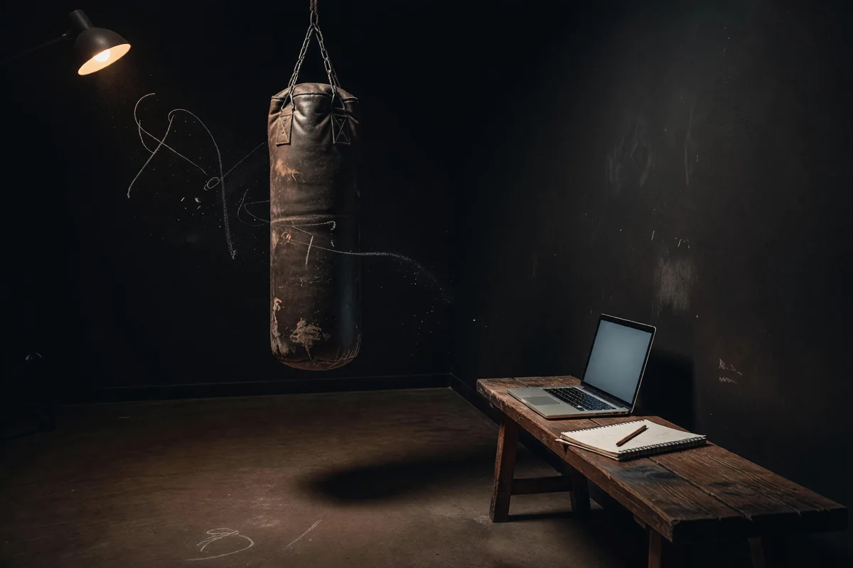 A worn heavy bag hanging still in a dark gym, an open laptop and a notebook on a bench beside it under one warm lamp