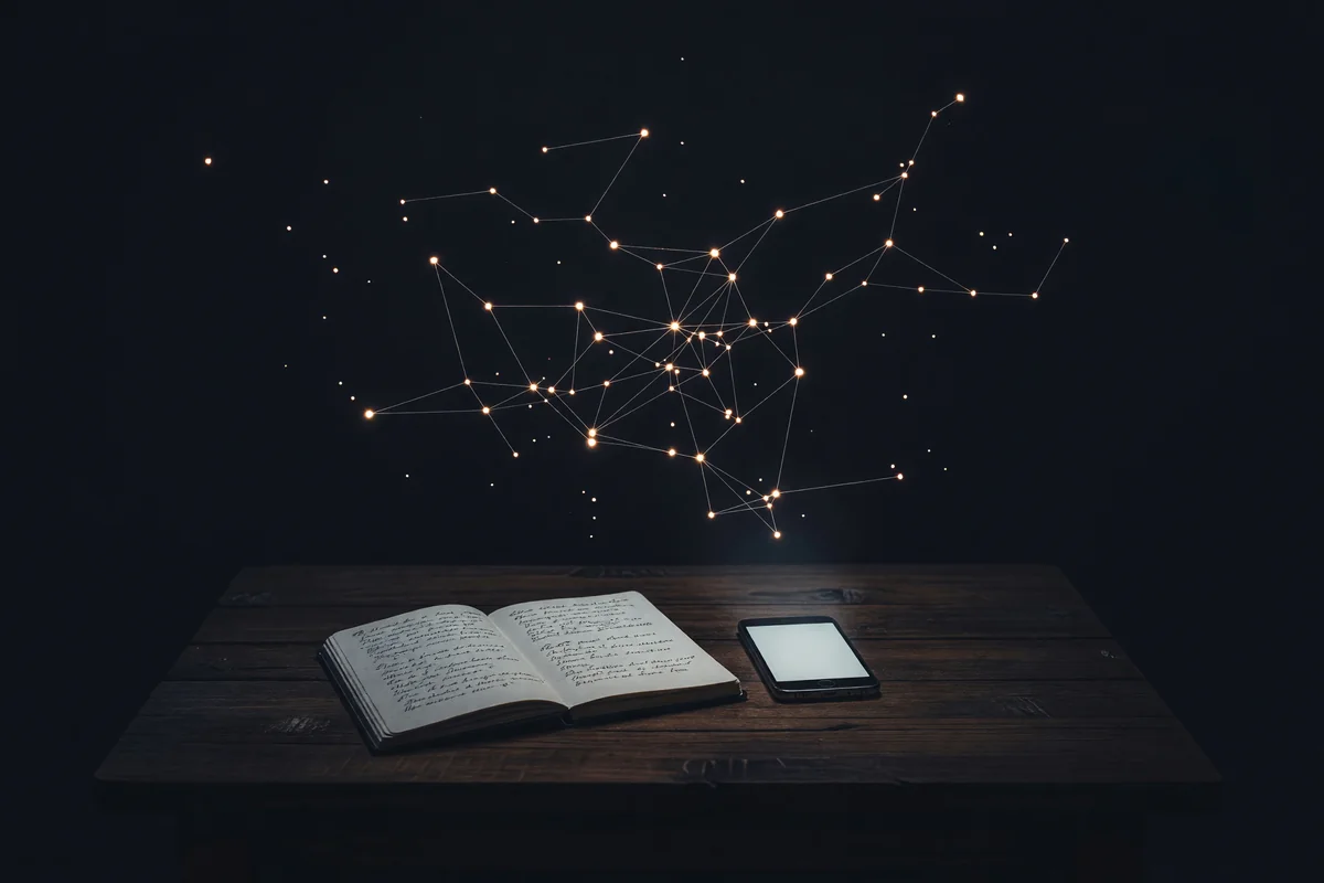 A phone glowing on a desk at night beside an open notebook, with threads of warm light connecting points above it like a constellation