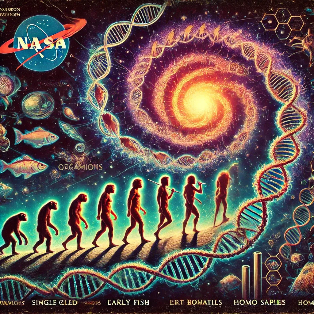 Illustration of a spiral galaxy wrapped in DNA strands above a line of figures walking from ape to human, with fish and early organisms drifting at the edges