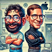 Caricature illustration of two smiling men with crossed arms, one bearded in a T-shirt and one in a black turtleneck, in front of early Macintosh computers and an Apple logo