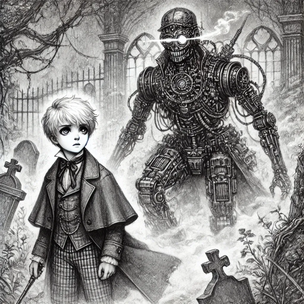 Pencil-style drawing of a pale boy in a Victorian coat standing in an overgrown graveyard while a towering steampunk machine figure with a glowing eye looms behind him