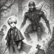 Pencil-style drawing of a pale boy in a Victorian coat standing in an overgrown graveyard while a towering steampunk machine figure with a glowing eye looms behind him