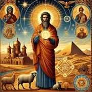 Icon-style painting of a bearded man in an orange robe holding a glowing orb, sheep at his feet, a pyramid and a domed church behind him, saints in gold roundels at the edges