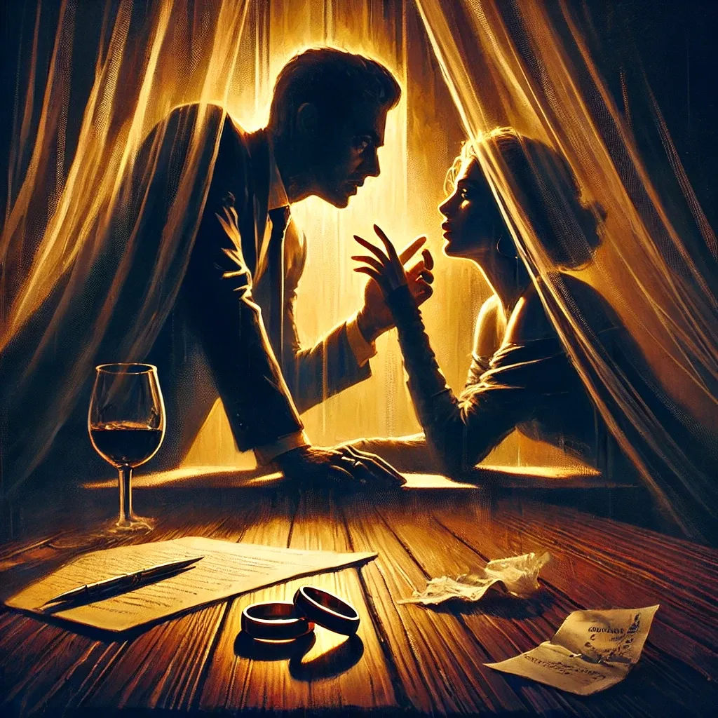 Dark, gold-lit illustration of a man and a woman face to face behind sheer curtains, a glass of red wine and two rings on the table in front of them