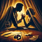 Dark, gold-lit illustration of a man and a woman face to face behind sheer curtains, a glass of red wine and two rings on the table in front of them