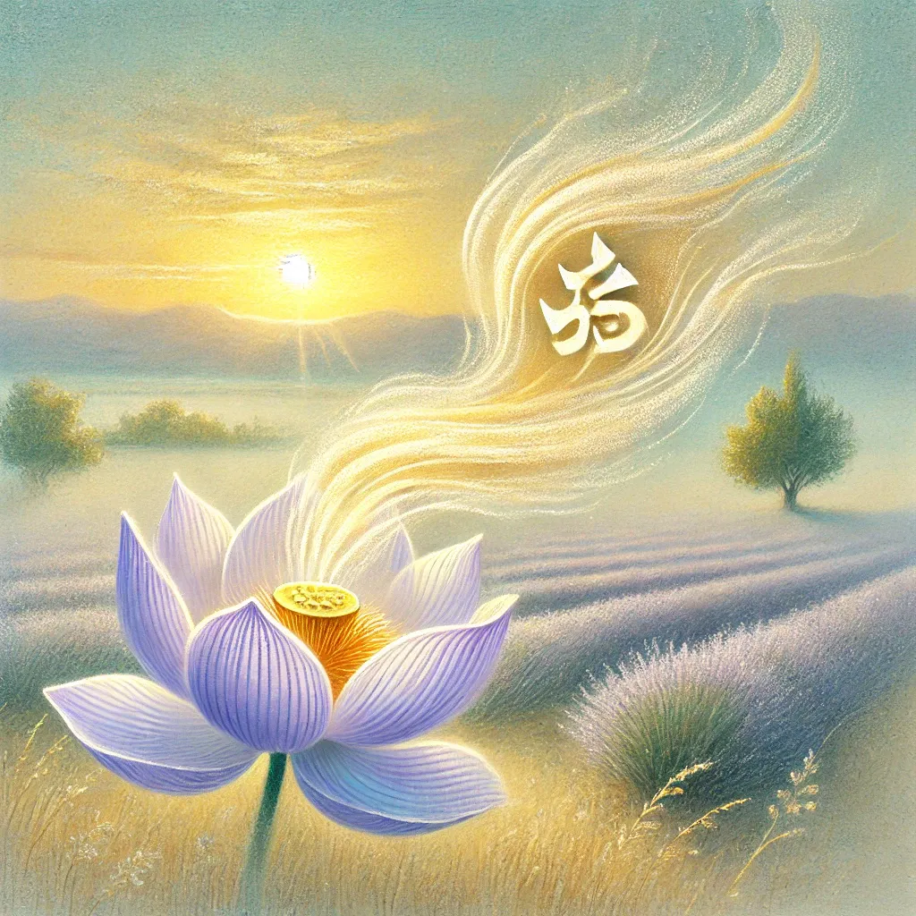 Soft pastel painting of a lavender lotus in a field of grass at sunrise, a pale ribbon of light curling up from its center