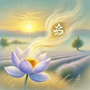 Soft pastel painting of a lavender lotus in a field of grass at sunrise, a pale ribbon of light curling up from its center