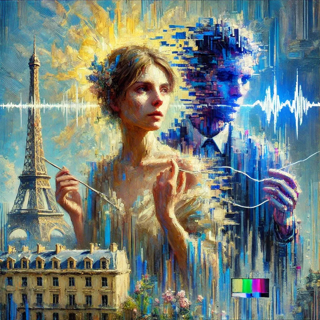 Painterly collage of a young woman in Paris with the Eiffel Tower behind her, beside a pixelated blue figure of a young man, radio waveforms running between them