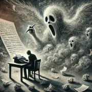 Dark illustration of a writer at a typewriter on a bare table while a huge ghostly figure and screaming faces rise from smoke behind him, crumpled pages on the floor