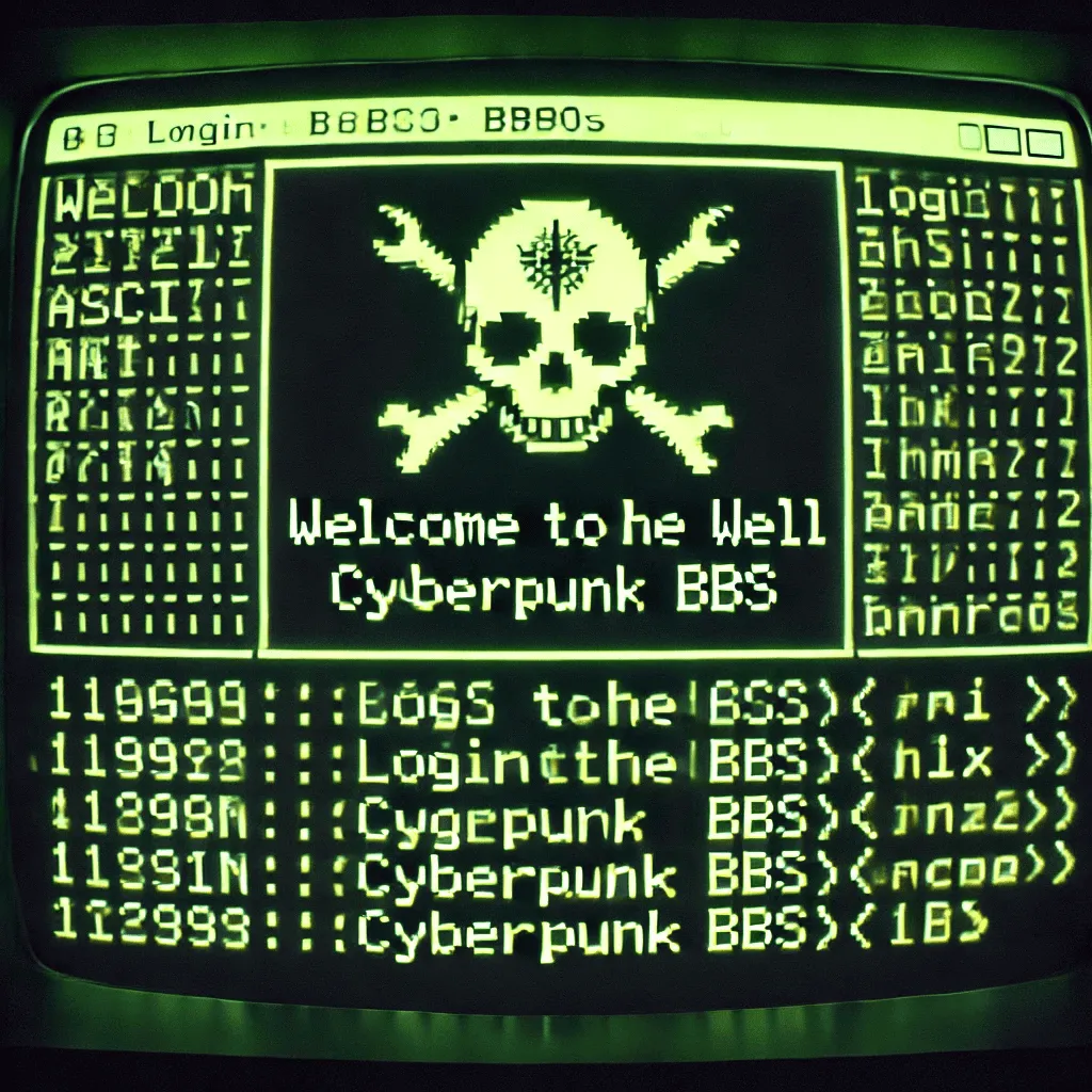 Green-on-black CRT screen showing a retro bulletin board login page with a pixel skull and crossed wrenches and the words Welcome to the Well Cyberpunk BBS