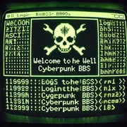 Green-on-black CRT screen showing a retro bulletin board login page with a pixel skull and crossed wrenches and the words Welcome to the Well Cyberpunk BBS