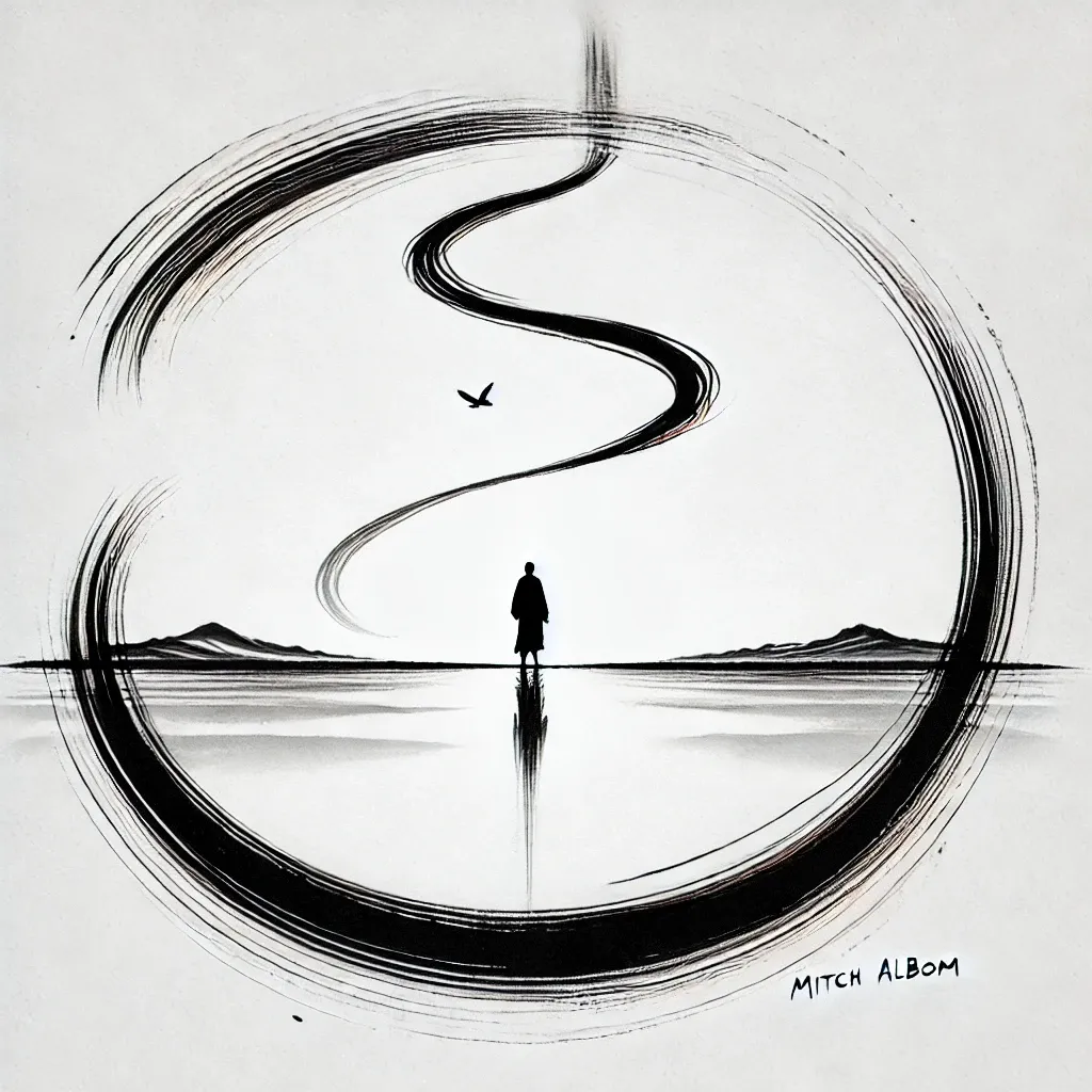 Black ink brush drawing of a lone figure standing on still water inside a sweeping circular stroke, a bird overhead and the name Mitch Albom in the corner