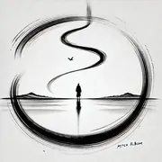 Black ink brush drawing of a lone figure standing on still water inside a sweeping circular stroke, a bird overhead and the name Mitch Albom in the corner