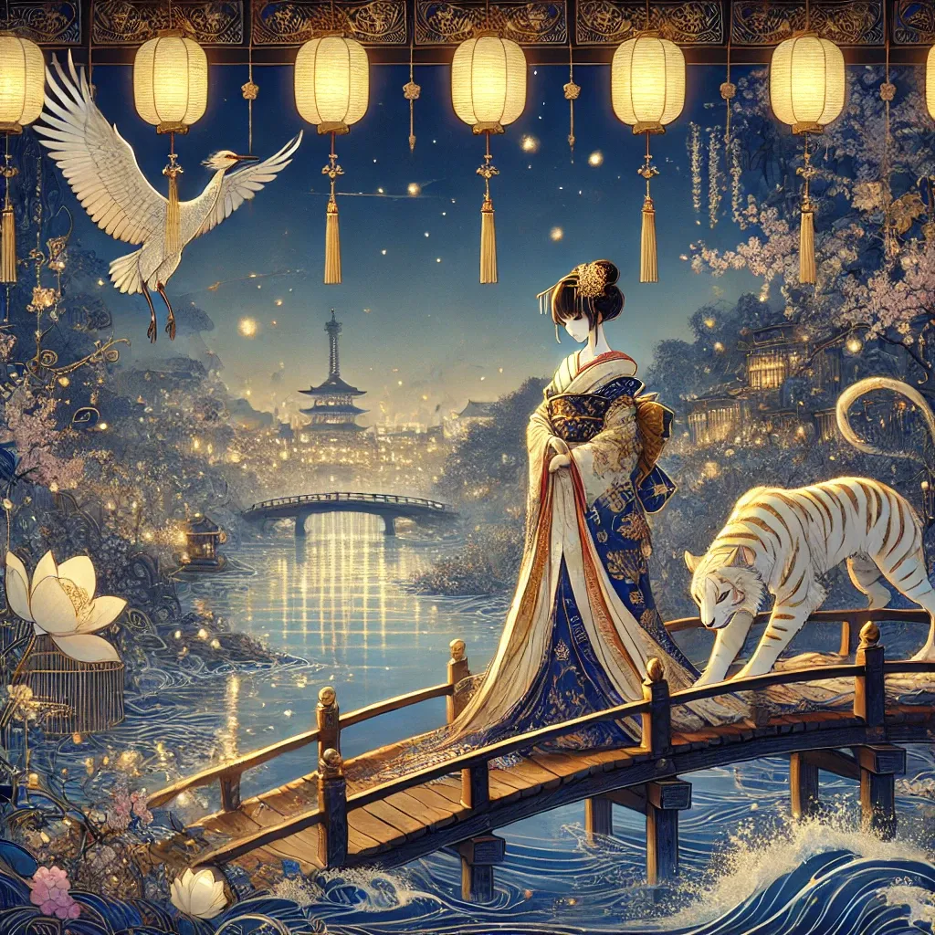 Illustration of a geisha in a blue and gold kimono on a wooden bridge at night, paper lanterns overhead, a white tiger and a crane beside her, a pagoda across the water