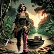 Comic-style illustration of a woman in field clothes and pink lace-up boots walking out of a jungle river with a machete, a small boat with supply crates behind her
