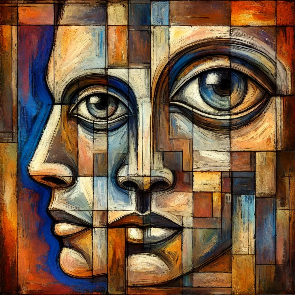 Cubist-style painting of a face split into colored blocks, two large eyes and a profile set side by side in blue, ochre and rust