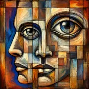 Cubist-style painting of a face split into colored blocks, two large eyes and a profile set side by side in blue, ochre and rust