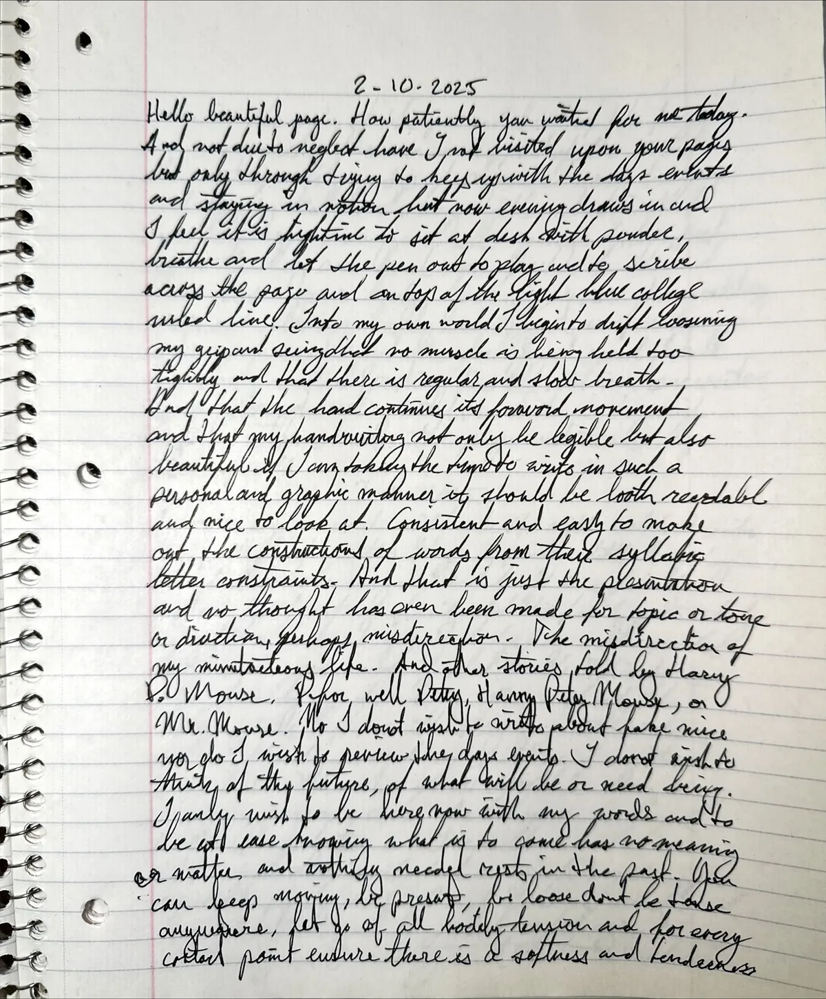 Spiral notebook page headed 2-10-2025 that opens with Hello beautiful page, a full page of black cursive on lined paper