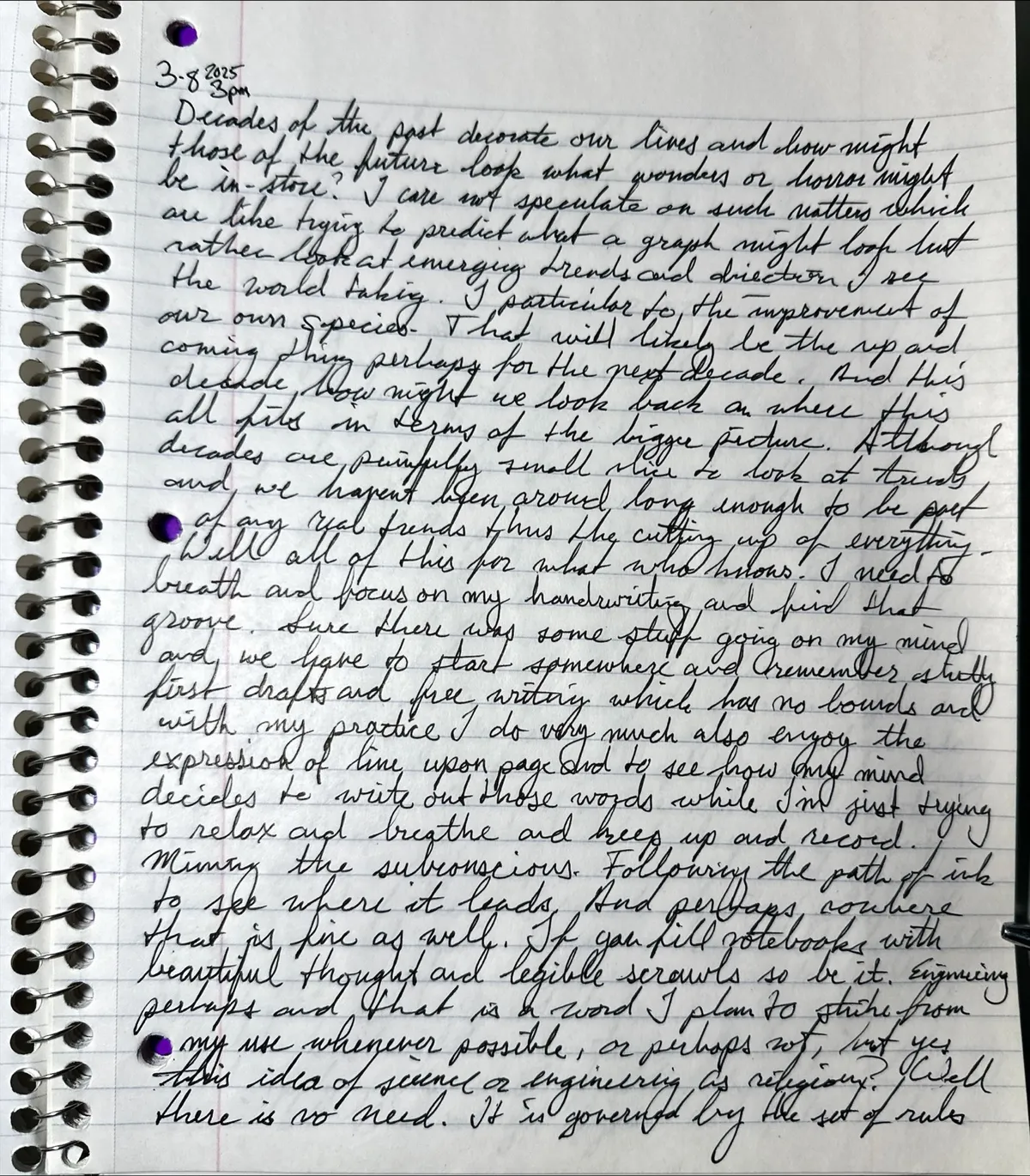 Spiral notebook page dated 3-8 2025 in the upper left, a full page of slanted black cursive on lined paper