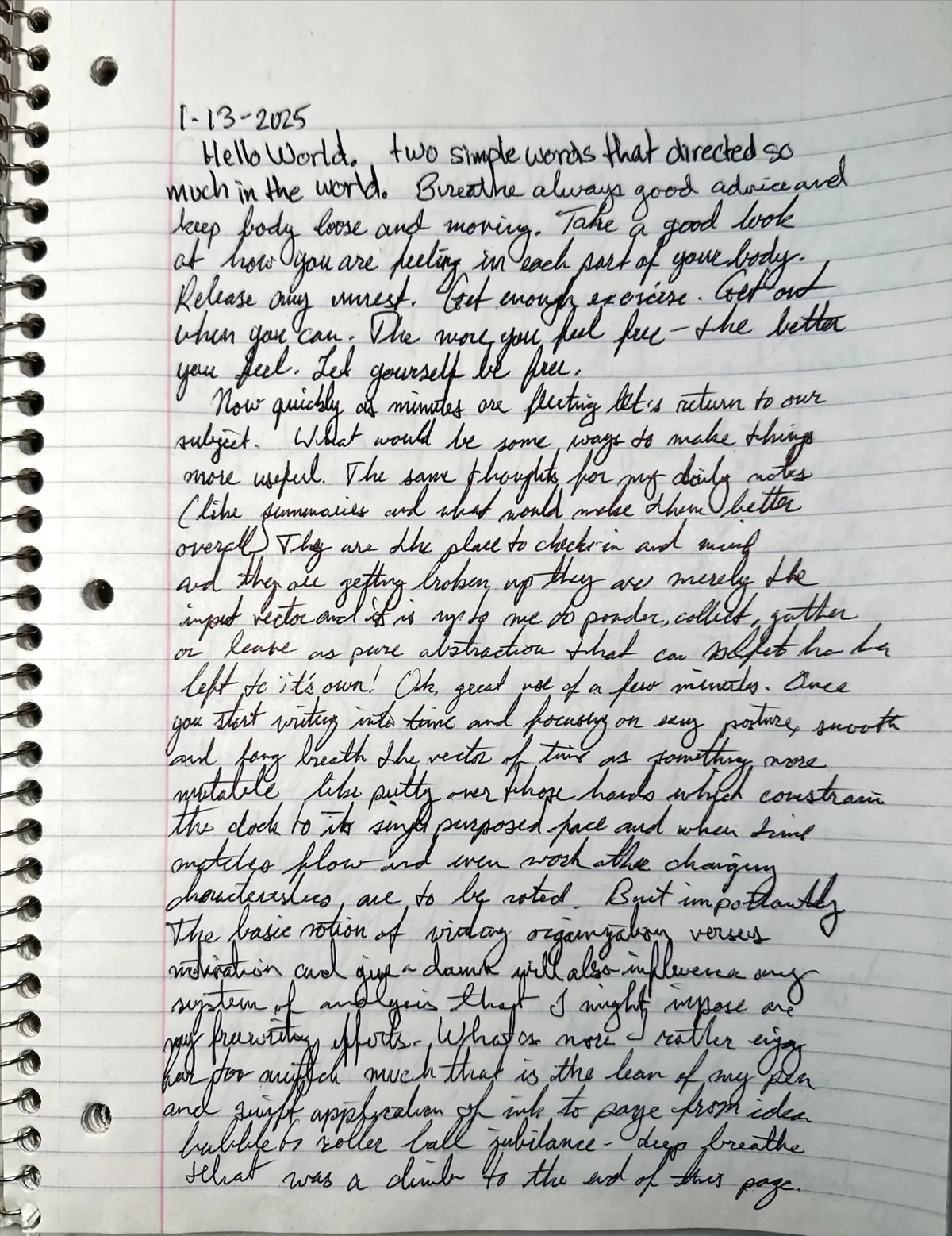 Spiral notebook page dated 1-13-2025 that opens with Hello World, a full page of slanted black cursive on lined paper