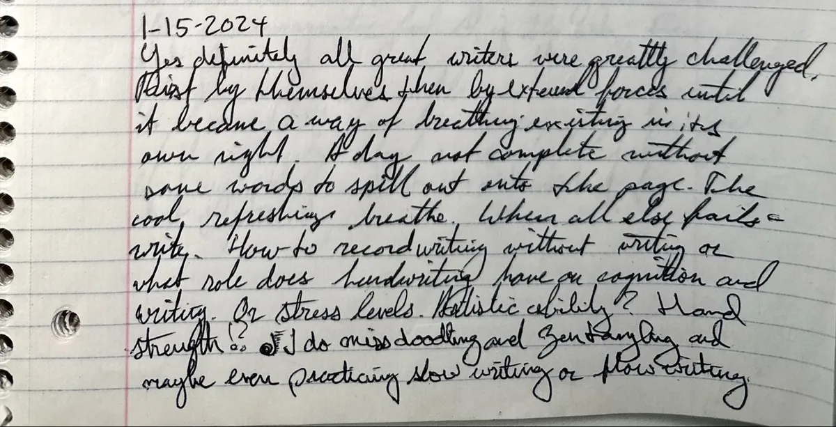 Spiral notebook page with a date in the upper left and several lines of black cursive across lined paper