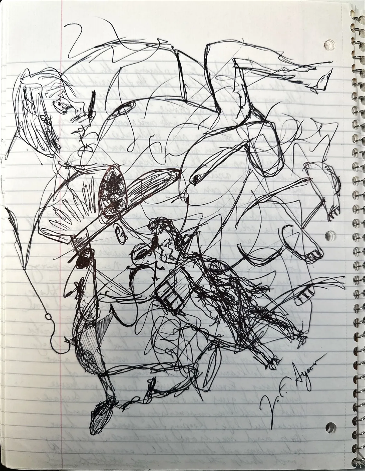 Notebook page covered by a tangled ink sketch of overlapping figures, faces and limbs drawn over faint writing, signed in the lower right