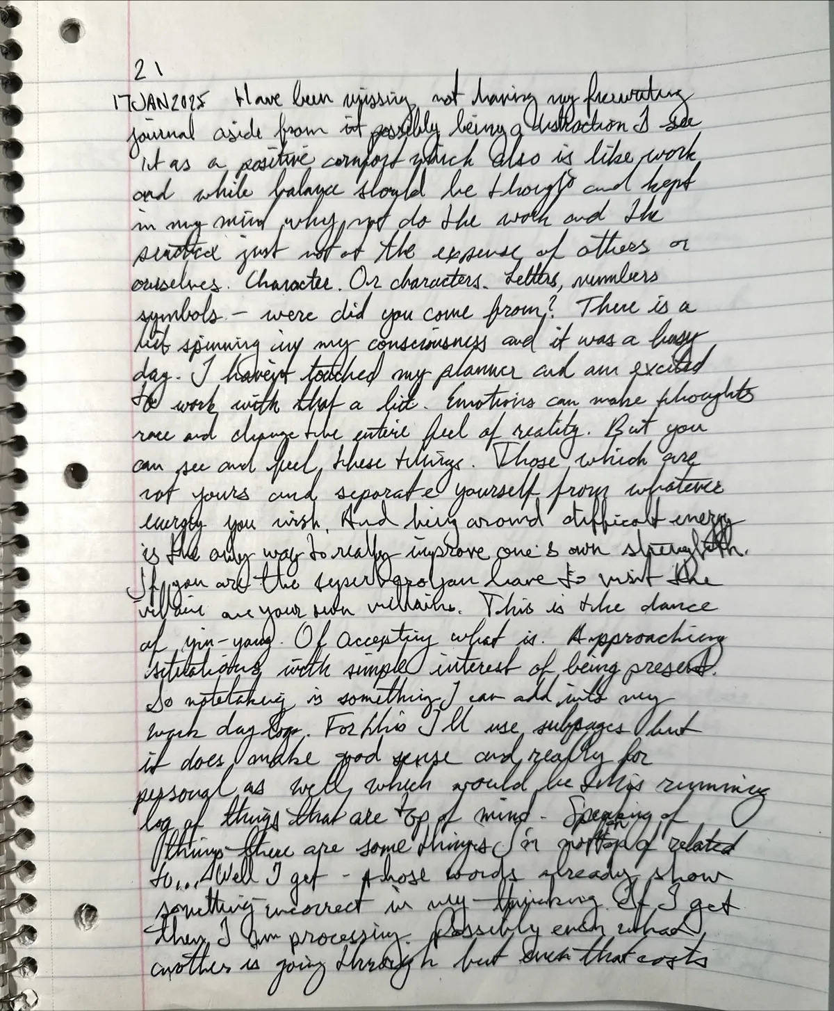 Spiral notebook page dated 17 JAN 2025 with a page number above it, filled with even black cursive on lined paper