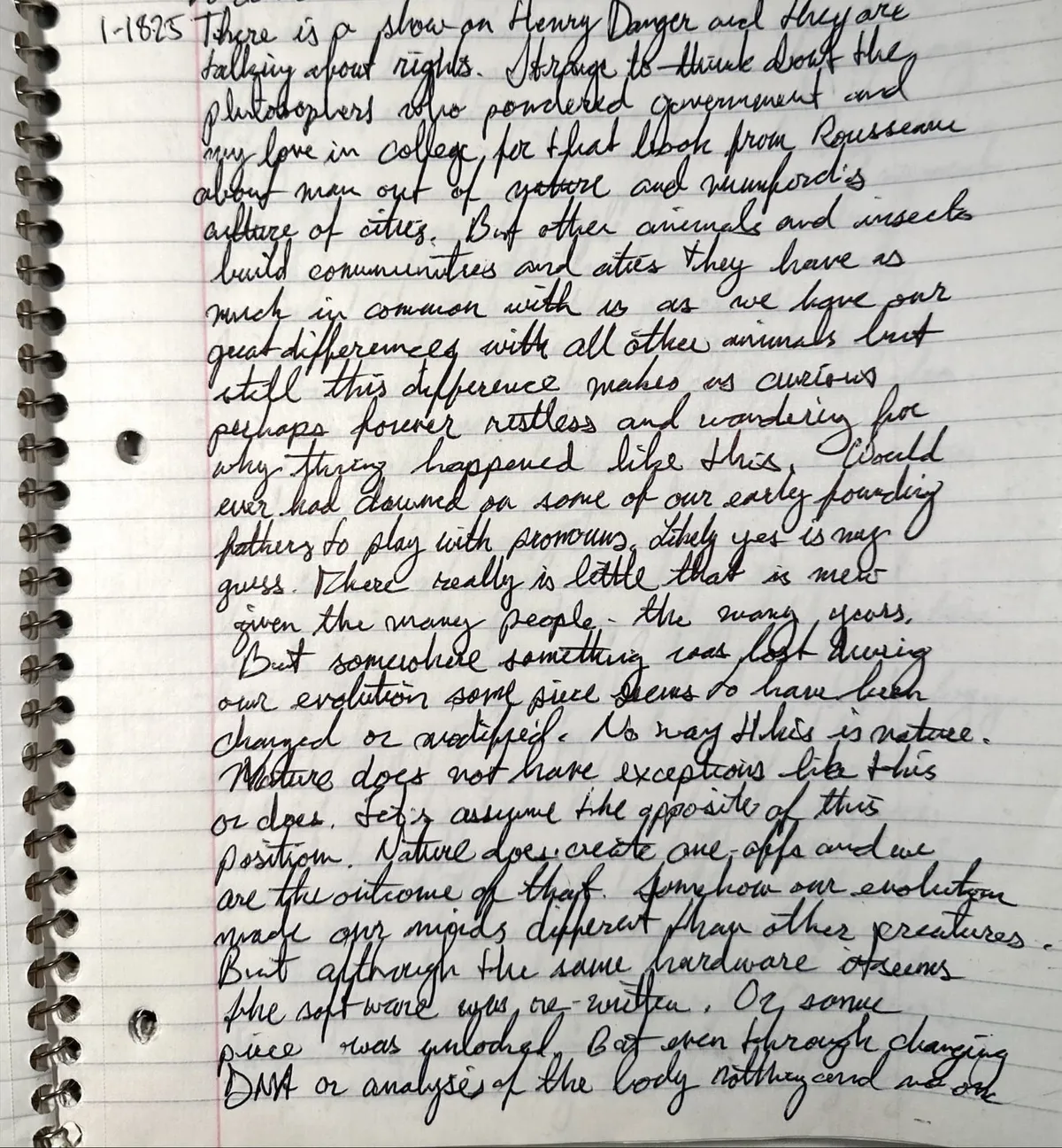 Spiral notebook page dated in the left margin, a full page of slanted black cursive on lined paper