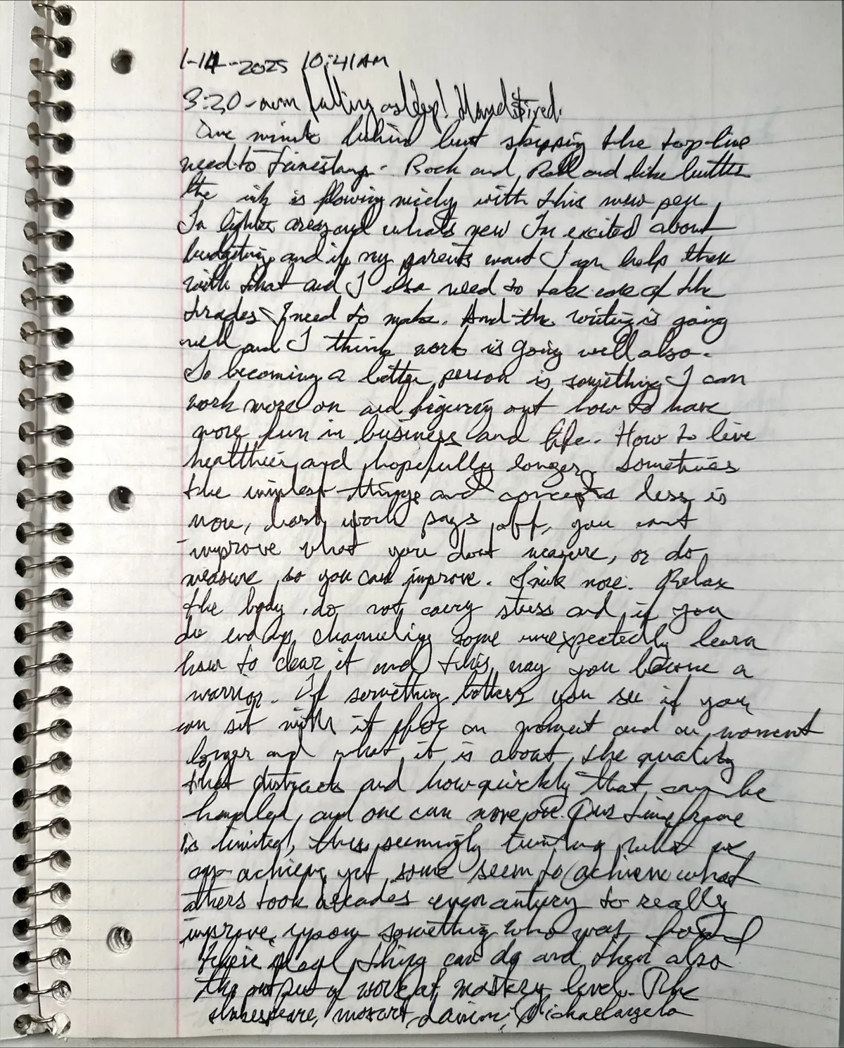 Spiral notebook page dated 1-14-2025 with a 10:41 AM timestamp at the top, filled edge to edge with dense black cursive