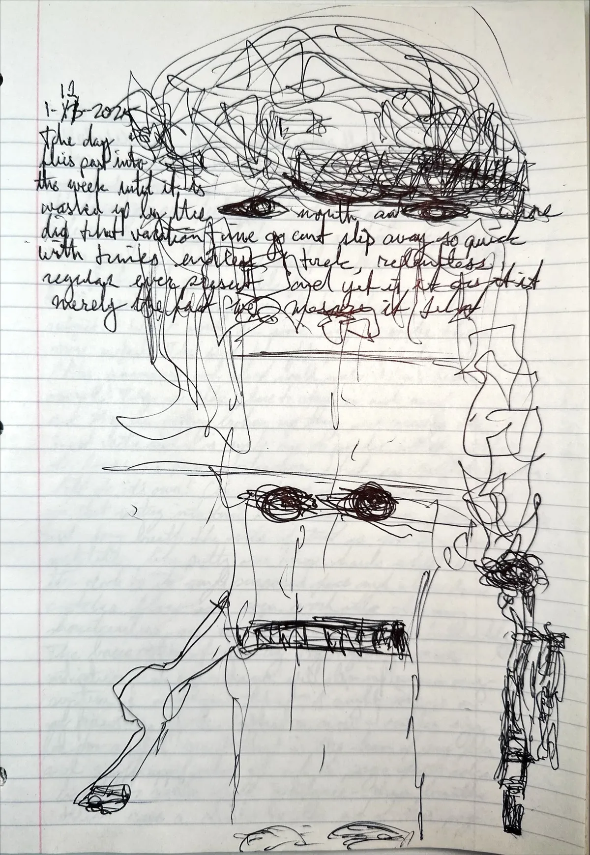 Notebook page with a few lines of cursive dated in the upper left, mostly covered by a large loose ink sketch of a face with scribbled hair, dark eyes and a bared row of teeth