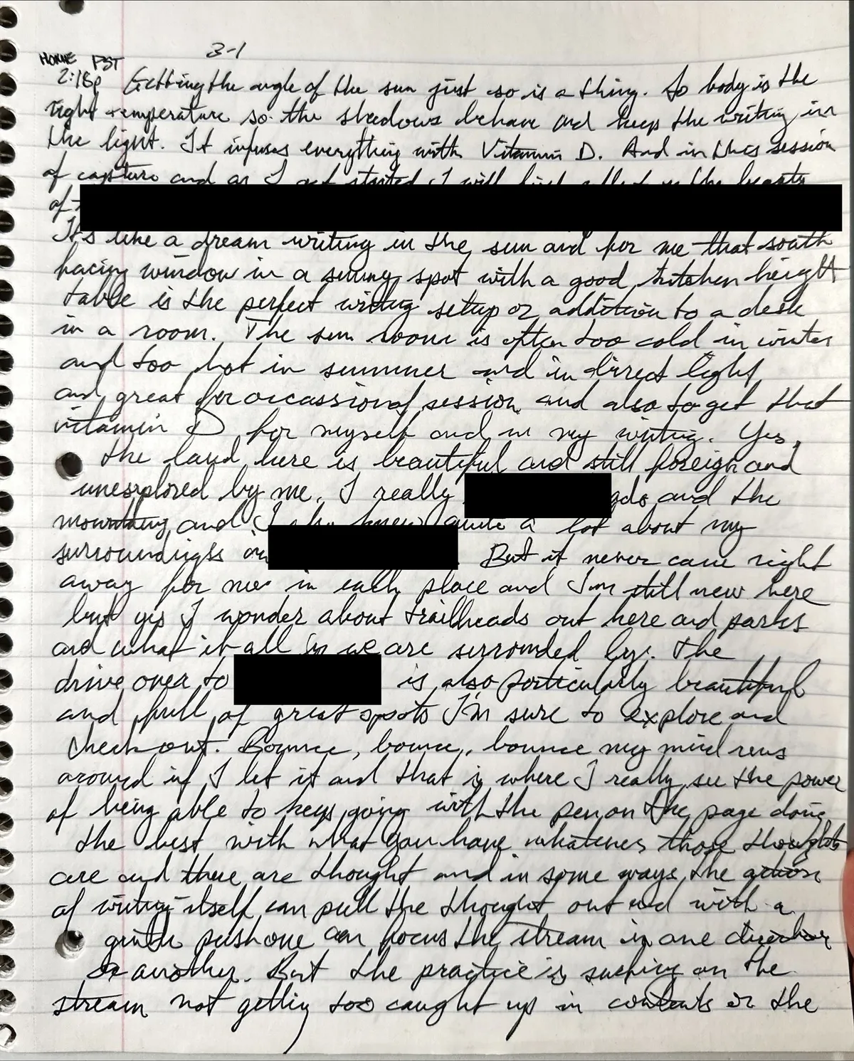 Spiral notebook page with a time and date at the top, black cursive on lined paper, with several place names covered by black redaction bars