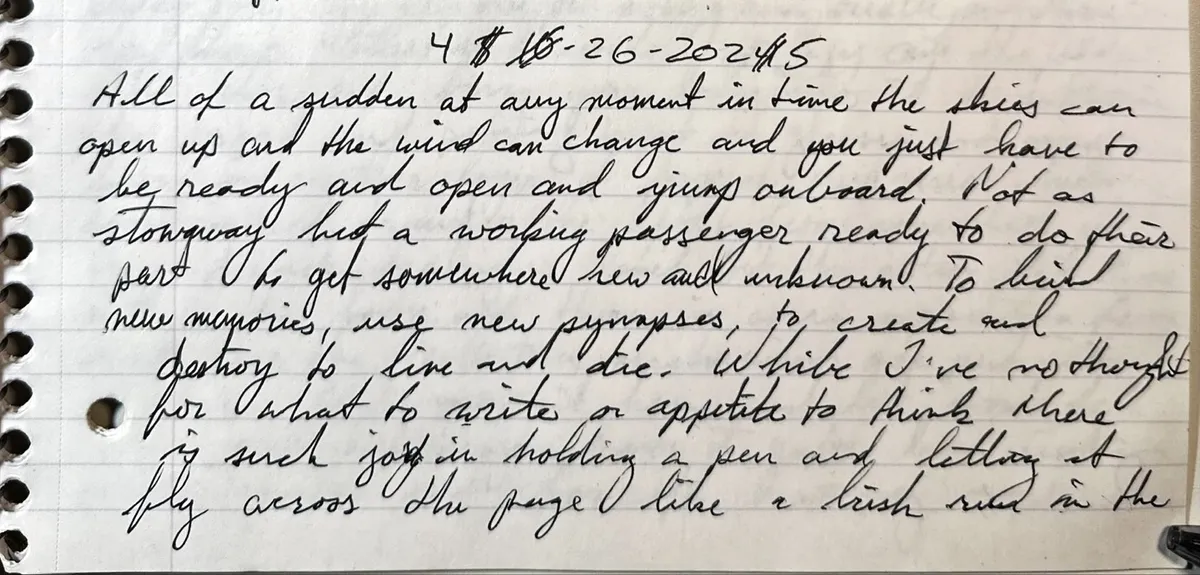 A notebook page of black cursive dated 4-26-2025 that opens: All of a sudden at any moment in time the skies can open up.