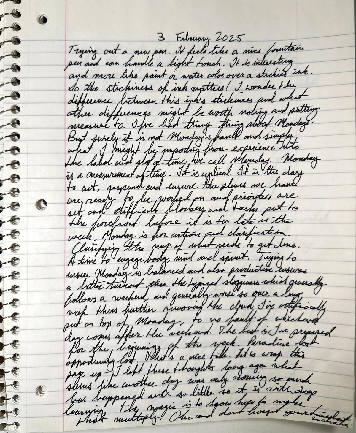 Spiral notebook page headed 3 February 2025, filled with black cursive on lined paper