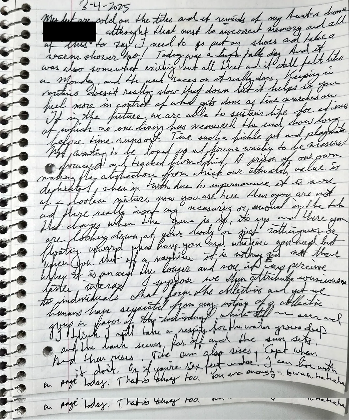 Spiral notebook page dated 3-4-2025, a full page of black cursive on lined paper with one name covered by a black redaction bar