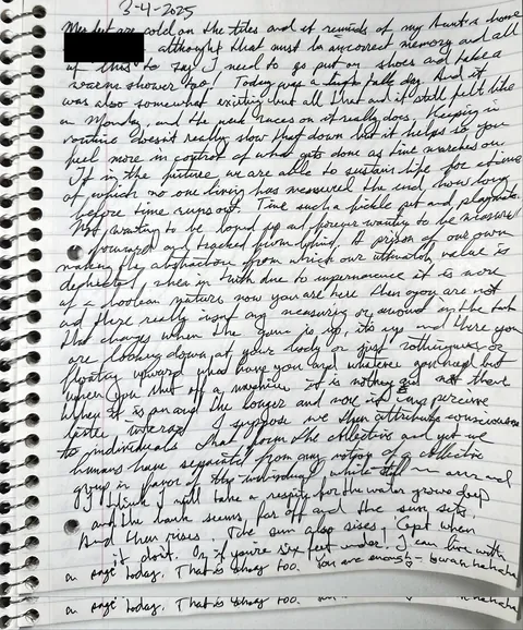 Spiral notebook page dated 3-4-2025, a full page of black cursive on lined paper with one name covered by a black redaction bar