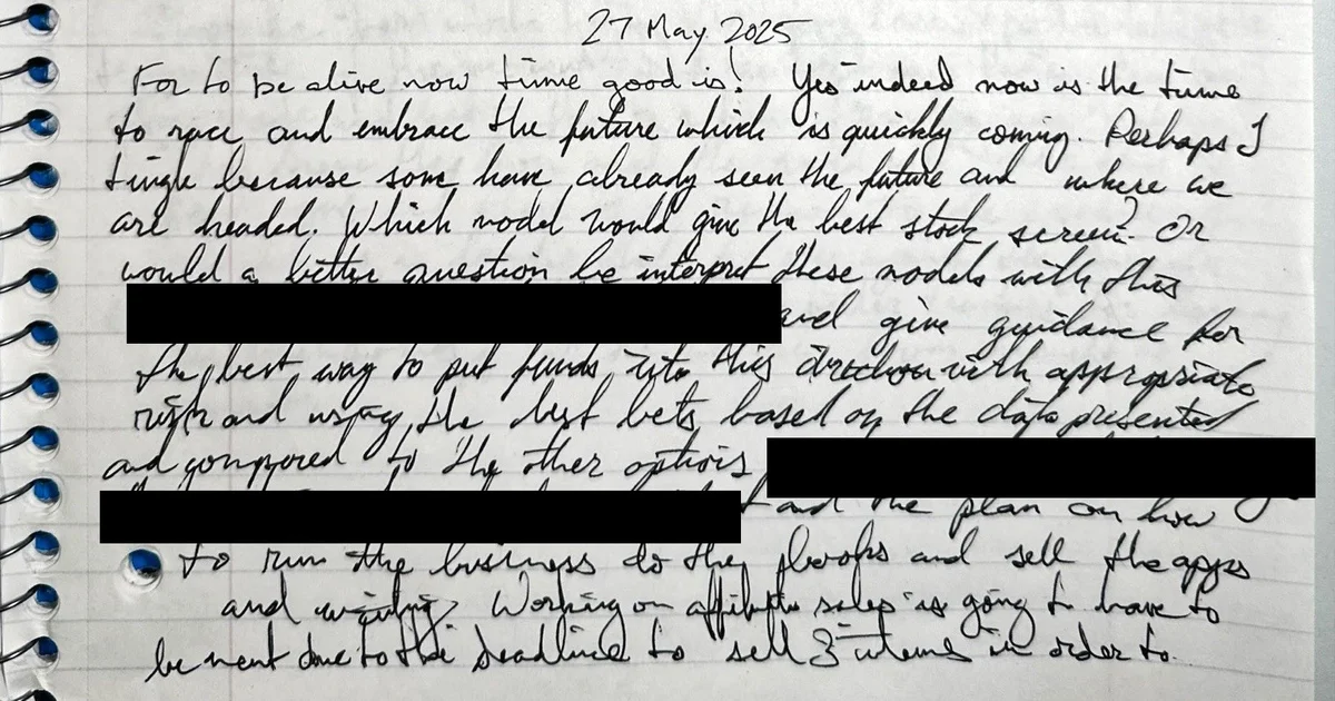 A notebook page of black cursive dated 27 May 2025 that opens: For to be alive now time good is!