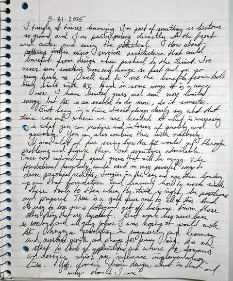 A notebook page of black cursive dated 5-31-2025 that opens: I tingle at times knowing I'm part of something so historic.