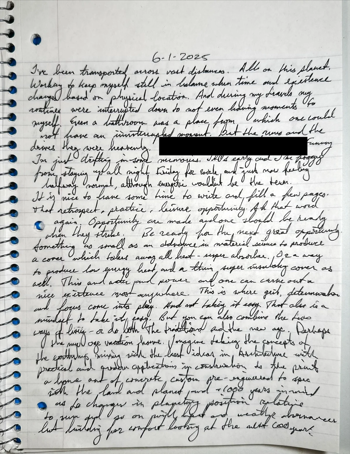 A notebook page of black cursive dated 6-1-2025 that opens: I've been transported across vast distances.