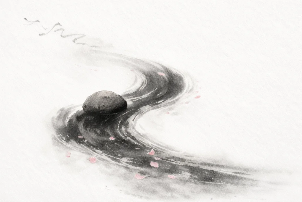 Effortless Flow - water bending around stone in ink wash style