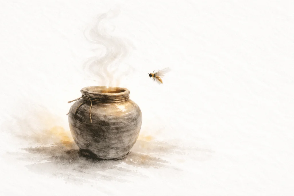 Presence - honey pot in contemplative space with bee