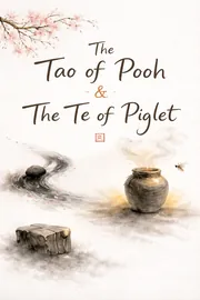 Ink wash cover-style image titled The Tao of Pooh and The Te of Piglet, with cherry blossoms, a stone in a stream, a tree stump, and a steaming clay pot with a bee