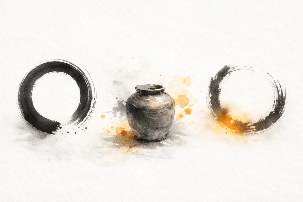 The Vinegar Tasters - three enso circles with earthenware jar
