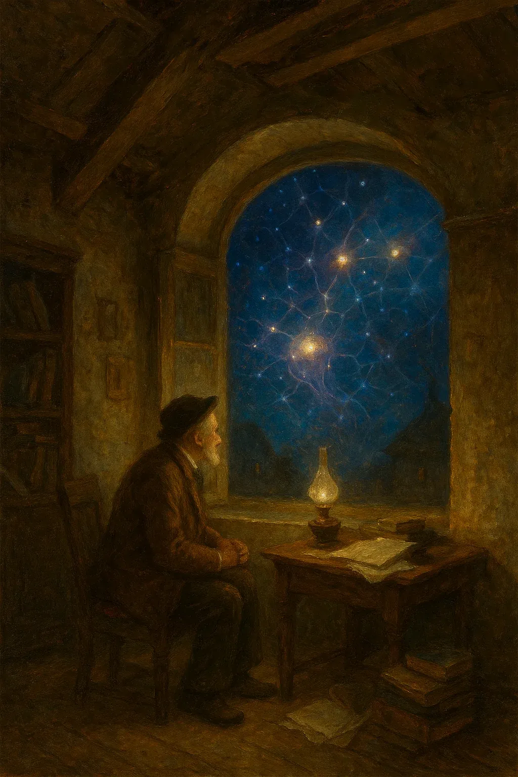 Generated painting: an old man in a cap sits at a desk by an arched window, an oil lamp lit, looking out at a night sky of linked constellations
